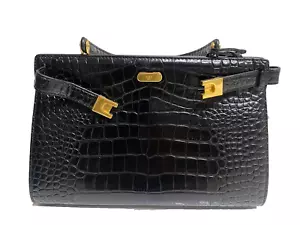 TORY BURCH Crocodile Embossed Leather Lee Radziwill Handle Bag Satchel Black - Picture 1 of 12