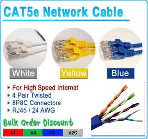 Cable de conexión Cat5e RJ45 ETHERNET 1 pie 2 pies 5 pies 7 pies 10 pies 25 pies 50 pies 100 - Imagen 1 de 1