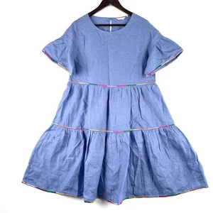 Gorman Rainbow Road Smock Dress Womens Size 10 Blue Linen Short Sleeve Tiered - Picture 1 of 10