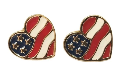 雅芳复古 2001 年爱国美国心脏美国国旗珐琅金耳钉耳环 — 第 1/3 张图片