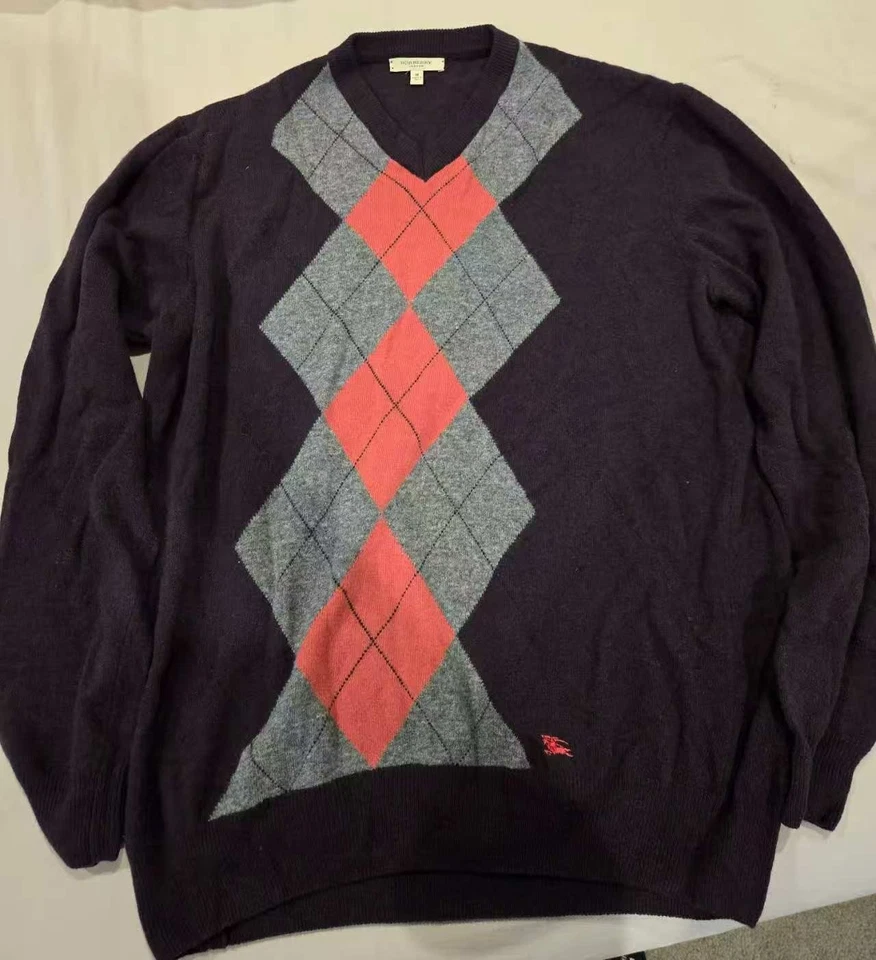 Burberry London мужской v-образным вырезом свитер M фиолетовый Argyle 100% шерсти мериноса Италии - Изображение 1 из 4