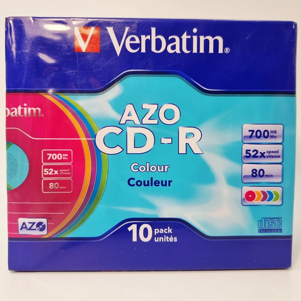 Verbatim AZO Colour 700MB 52x 80min CD-R New Pack of 10 blank CDs Factory Sealed - Image 1 of 4