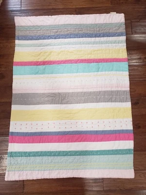 Pottery Barn Kids Baby Crib Quilt Pink Yellow Blue Gray Striped 36 X 50"  - Image 1 of 4