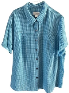 CJ Banks Women’s Plus 2X Button Up Top Blue Check Short Sleeve Shirt - Picture 1 of 8