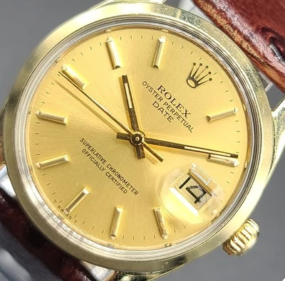 Rolex Date 1550 tamanho médio 34mm folheado a ouro 14K com pulseira de couro personalizada 1973 vintage - Imagem 1 de 4