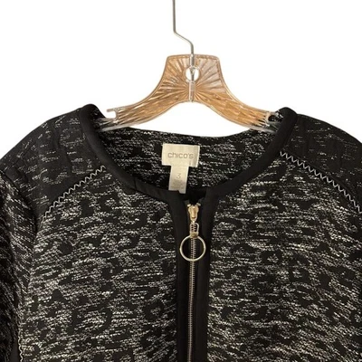 Chicos Black Gray Jacquard Cardigan Sweater Womens 16 Gold Zipper - Image 1 of 4