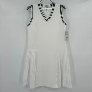 Tuckernuck Kemper Tennis Dress sz M Medium White Retro Stripe Sleeveless Pleated - Picture 1 of 6