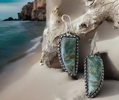 Pendientes artesanales de piedras preciosas de crisocola - enchapados en plata de ley 925 - nuevos Foto 1 de 3