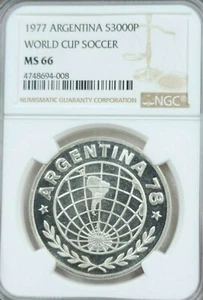 1977 ARGENTINA SILVER 3000 PESOS S3000P WORLD CUP SOCCER NGC MS 66 GEM BU BEAUTY - Picture 1 of 5