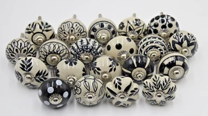 Black & White Cream Rare Hand Painted Ceramic Knobs Cabinet Drawer Pulls 25 Pc - Picture 1 of 10