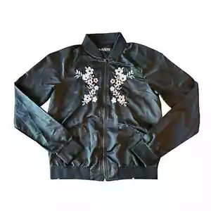 Madden NYC Black Floral Satin Bomber Jacket Womens Size S - Picture 1 of 7