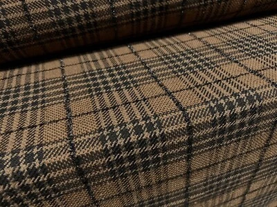 Metallic Wool Jacquard Woven Fabric, Per Metre - Check Plaid - Brown & Black - Image 1 of 3