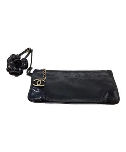Authentic Chanel Camellia Lambskin Leather Pouch Black Flower CoCo Mark Italy - Picture 1 of 8