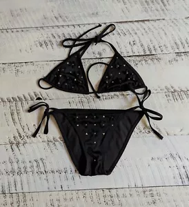 Bikini Victoria’s Secret taglia S/XS Y2K nero con borchie e cuori e stelle - Foto 1 di 11