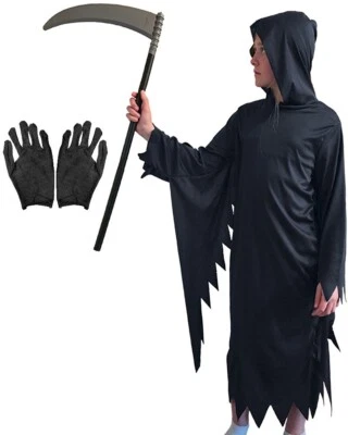 Disfraz de Parca para Niños Halloween Juego de 3 Piezas con Capa con Capucha, Guante y Guadaña Foto 1 de 4