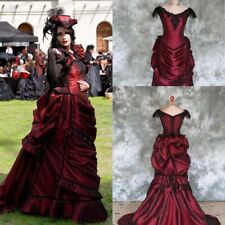 Burgundy Gothic Victorian Bustle Wedding Dresses Vintage Beaded Lace-up Back