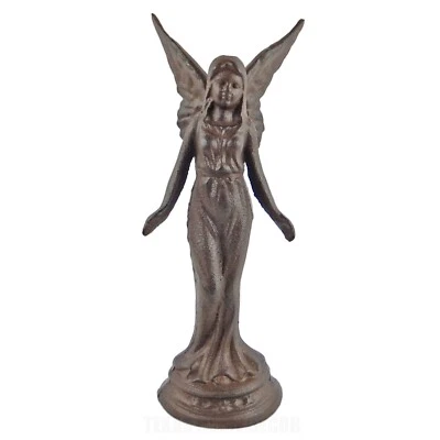 Large Guardian Angel Garden Figurine Statue Cast Iron Antique Brown 14.5 inch - Image 1 of 4
