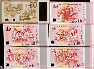SINGAPORE 10x 5 Diff+ 50 Dollar 2015 POLYMER Complete Set Commemorative UNC NOTE - Image 1 of 4
