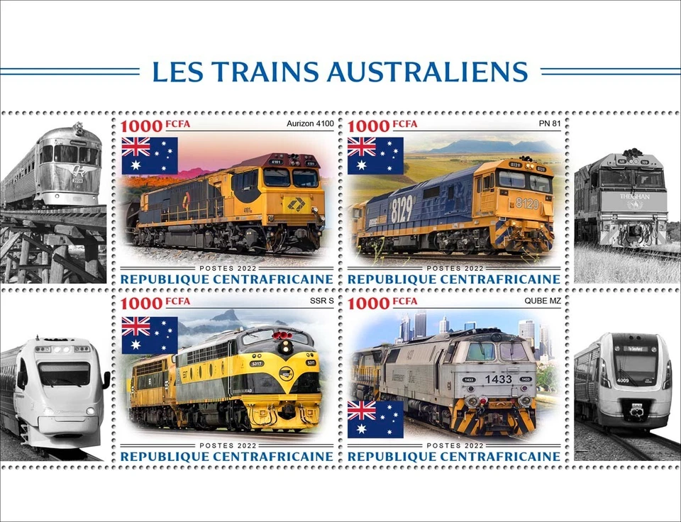 Estampillas de trenes australianos MNH 2022 República Centroafricana M/S Foto 1 de 1