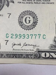 1 dollar bill error odometer misaligned serial number 777 999 Federal reserve - Picture 1 of 4