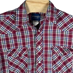 Camisa de manga larga a presión Wrangler para hombre grande vintage roja occidental a cuadros perla - Imagen 1 de 4