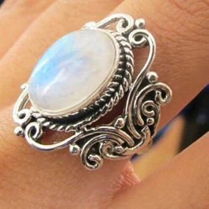 Large Vintage Boho Zircon Marquise Moonstone Personalized Ring Jewelry - Foto 1 di 5