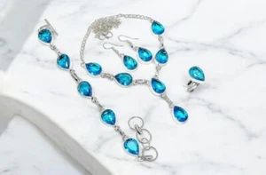 Blue Topaz gemstone handmade 925 sterling silver jewelry 4 pcs set - Picture 1 of 1