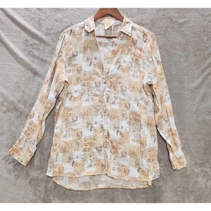 C&C California 100% Linen Fisherman Town Novelty Print Button Up Blouse Size L - Picture 1 of 10