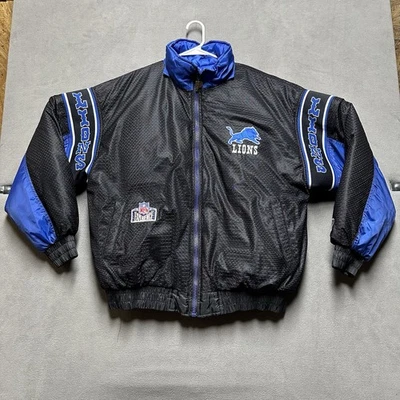 Vintage Pro Player Detroit Lions Puffer Jacket Mens XL Black/Blue Reversible GUC - Image 1 of 4