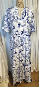 Womens Short Sleeve Blue White Paisley/floral Long Tiered Dress Sz S NNT - Picture 1 of 7