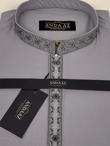 Herren Shalwar Kameez helllila mit mehrfarbiger geteilter Knopfleiste Stickerei - Bild 1 von 2