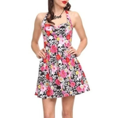 Hell Bunny Daisy Halter Dress Skull Floral Fit Flare Rockabilly Pinup Medium MD - Image 1 of 4
