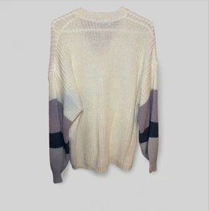 Maglione scollo a V Evelyn Taylor crema e viola a righe manica vescovo taglia 1X - Foto 1 di 9