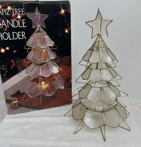 Vintage Capiz Muschel Weihnachtsbaum Kerzenhalter mit Messingrahmen Stern Topper - Bild 1 von 17