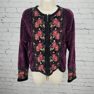 Chaqueta Coldwater Creek Púrpura Terciopelo Floral Bordada Cremallera Completa Pequeña S - Imagen 1 de 15