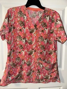 Carhartt Scrub Top Womens Medium Pink Orange Abstract Print Force V Neck Pockets - Picture 1 of 10