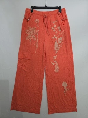 Pantalones Pilcro Para Mujer Lavado Coral Melocotón Floral Bordado Mezcla de Lino Talla Mediana Foto 1 de 4
