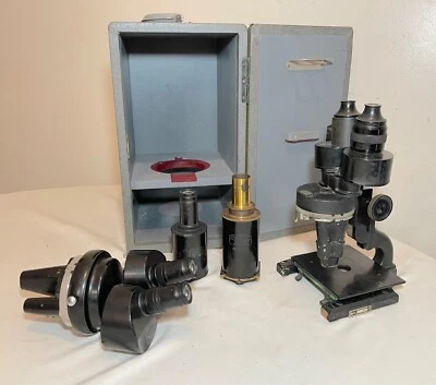 antique Carl Zeiss Spencer Buffalo binocular lab microscope brass attachments - Image 1 of 4