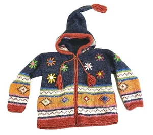 Hand Knit Colorful Flowers Ethnic Child's Zip Cardigan Sweater Hoodie Size ? - Picture 1 of 7