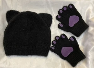 Kids Hat & Gloves Set - Black With Purple Bear Paw - Ages 6-9 - Picture 1 of 4