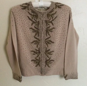 Vintage/Antique Beaded Tan Cashmere Sweater, Harilela’s, XS-S, Made in Hong Kong - Picture 1 of 15