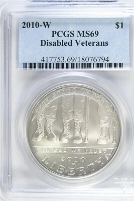 2010 W UNCIRCULATED $1.00 Silver Commemorative - Disabled Vets - PCGS MS 69 - Image 1 of 2