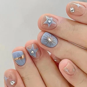 Uñas Cortas Estrella Azul - Lámina Brillo Verano Prensado Uñas Modernas Uñas Falsas - Imagen 1 de 5
