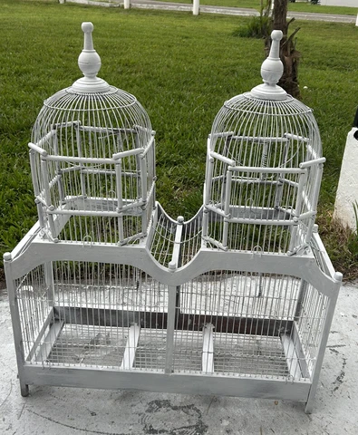 Vintage Bird Cage French Victorian Wood Wire White  Double Domed LRG House 32” Cover
