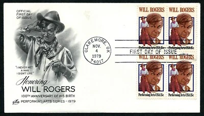 USA, SCOTT # 1801, ARTCRAFT FDC COVER - WILL ROGERS PERFORMING ARTS, BLOCK 1979 - Image 1 of 2
