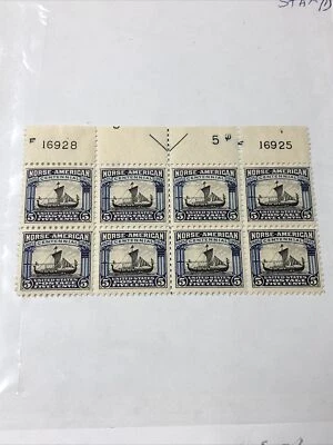 US 621 Norse - American 5C Blue Plate Block of 8 Very Fine Hinged in 2 Stamps  - Image 1 of 4