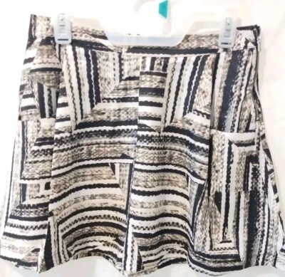 WOMEN A.N.A. CASUAL ABSTRACT TAN FRONT FLARE MIDI SKIRT  W POCKETS & SIDE ZIP PM - Image 1 of 4