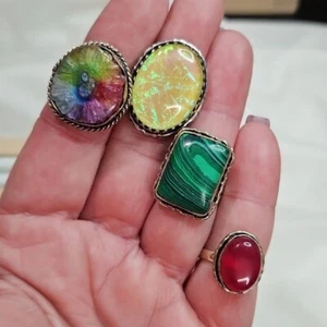 Women's Lot of 4 Natural Stone Rings Sterling Silver Plated Rings Boho Bohemian - Picture 1 of 6