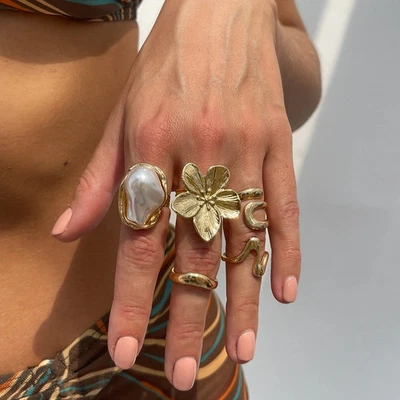 Золотой тон жемчуг цветок кольцо комплект женщин геометрический металлический модный вечеринки ювелирных изделий - Изображение 1 из 4