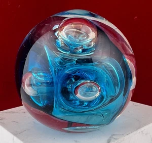 Rollin Karg signierter mundgeblasener Cerulean blau kontrollierter Blase Glas Briefbeschwerer - Bild 1 von 5